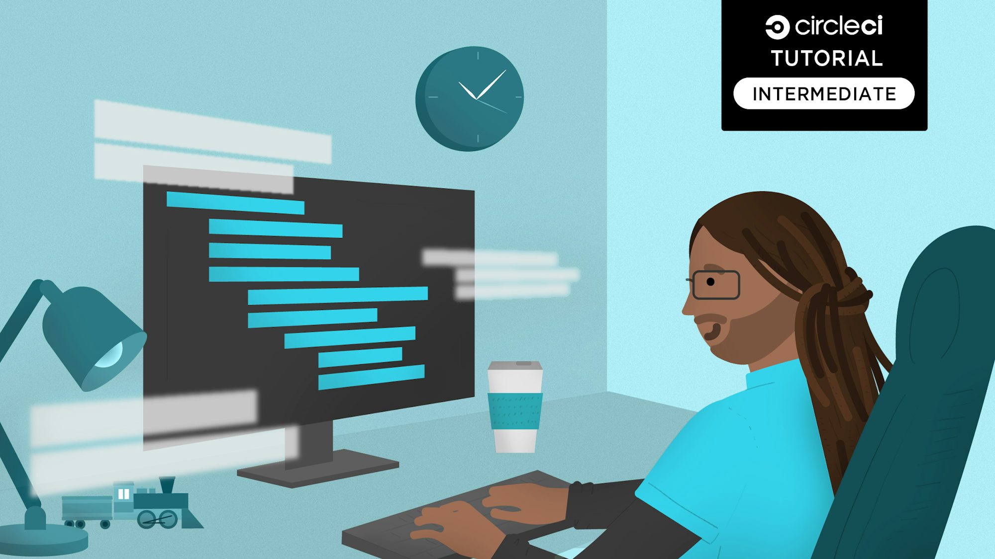 Developer RP sits at a desk working on an intermediate-level project.