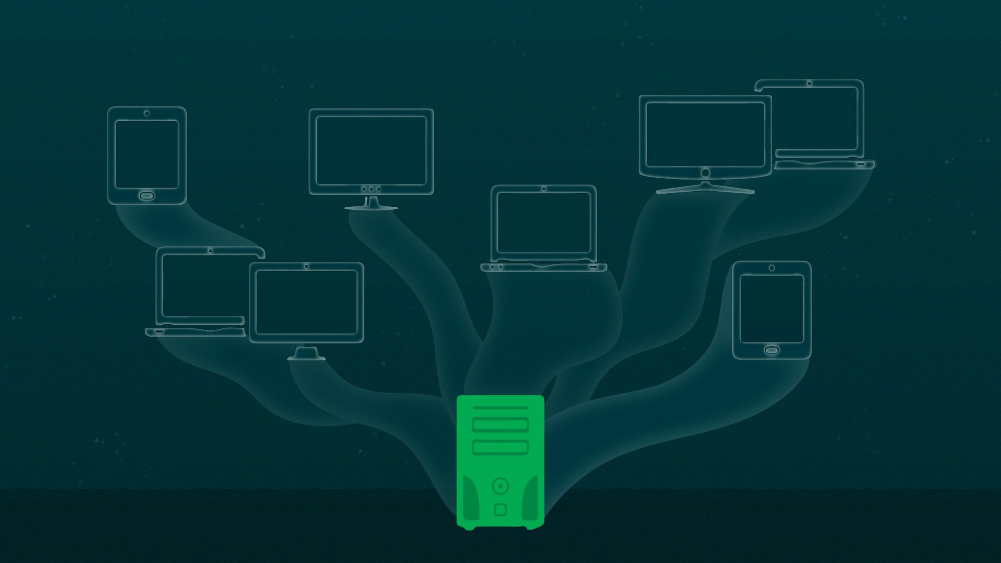 A stylized computer tower projects images of virtual machines.